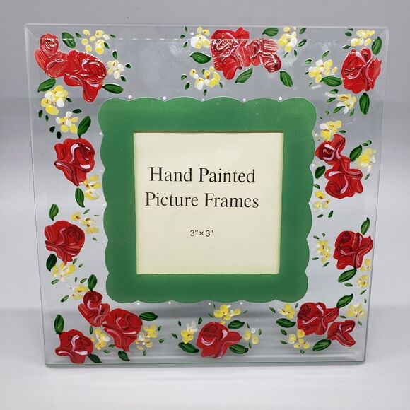 Square Beveled Glass Picture Frame w Hand Painted Red Roses Floral Enamel Table - Picture 2 of 8